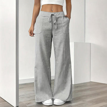Women's Striped Print Straight Wide Leg Pockets Pants Casual Long Pants