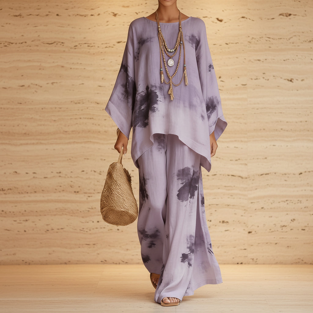 Floral Print Bamboo Linen Two-Piece Set with Wide-Leg Pants