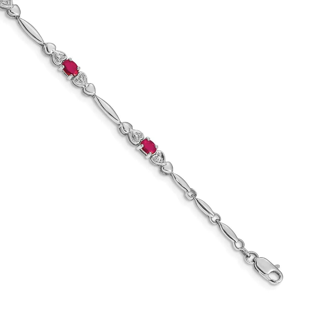 14k White Gold Diamond and Oval Ruby Heart Design 7 inch Bracelet