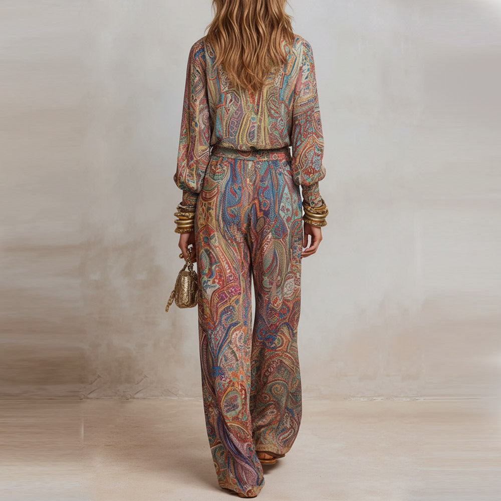 Women's Paisley Print Deep V Fringe Blouse & Wide-Leg Palazzo Pants Set