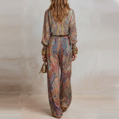 Women's Paisley Print Deep V Fringe Blouse & Wide-Leg Palazzo Pants Set