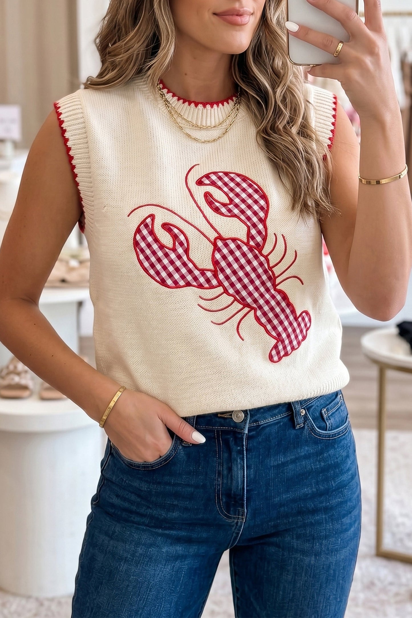 Threaded Pear Emmeline Plaid Crawfish Knit Sweater