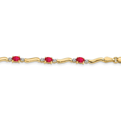 Oval Red Ruby & Diamond Prong 14K Yellow Gold Wave Link Bracelet