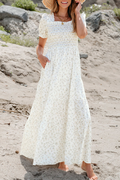 Threaded Pear Robin Frilly Shirred Bodice Tiered Floral Maxi Dress