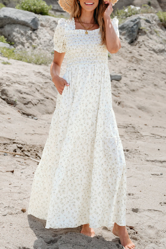 Threaded Pear Robin Frilly Shirred Bodice Tiered Floral Maxi Dress