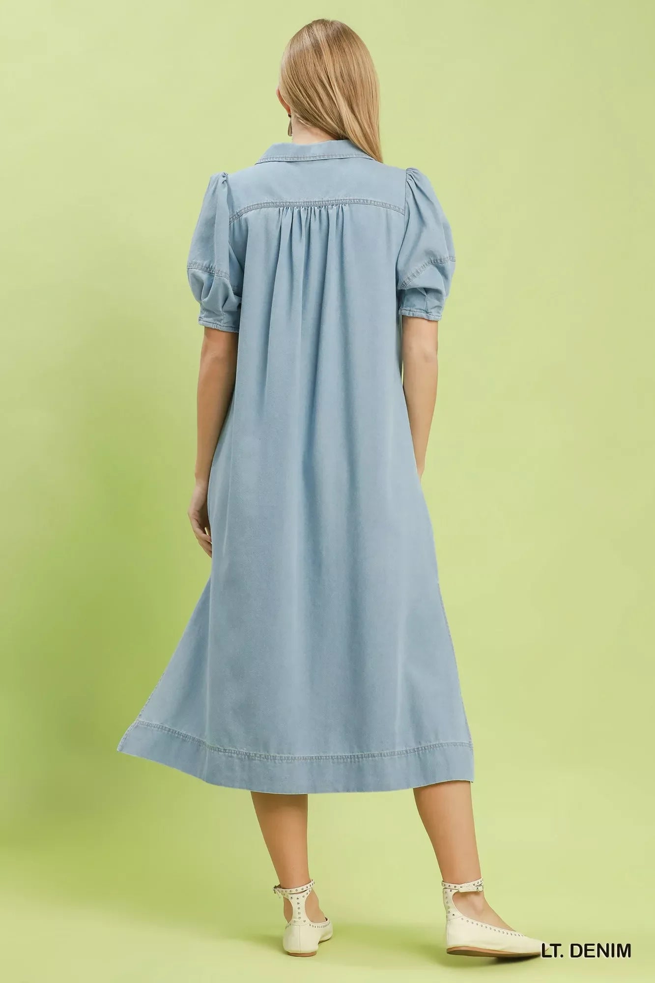 Umgee Chambray Collared Puff Sleeve Dress in Denim