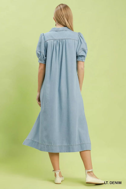 Umgee Chambray Collared Puff Sleeve Dress in Denim