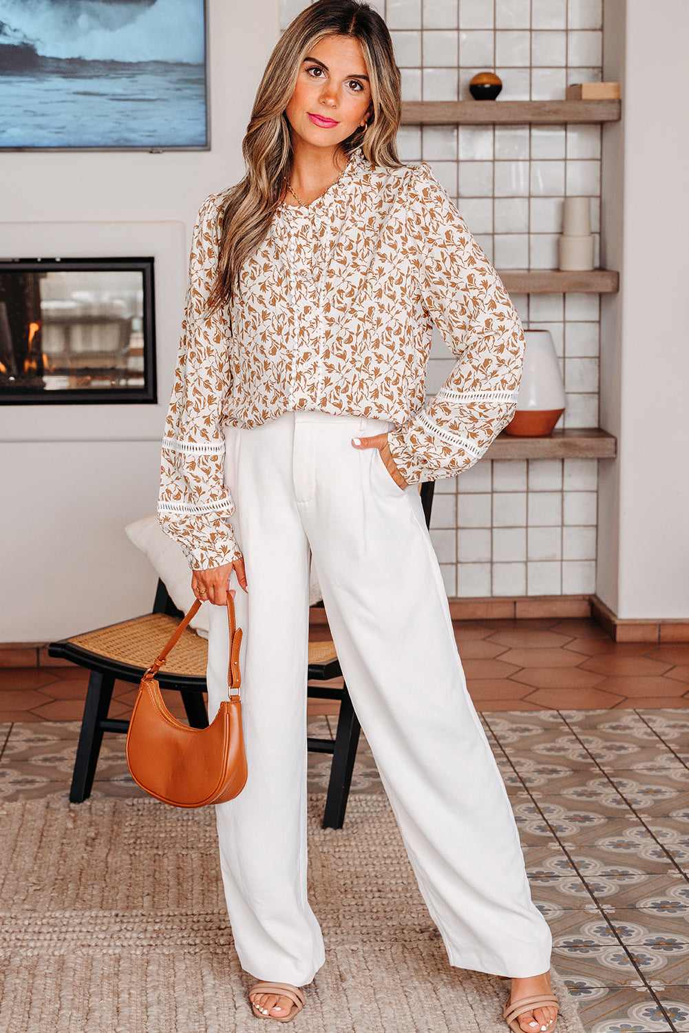 Melanie Lace Floral Puff Sleeve Top - Khaki Printed / M - 8/10