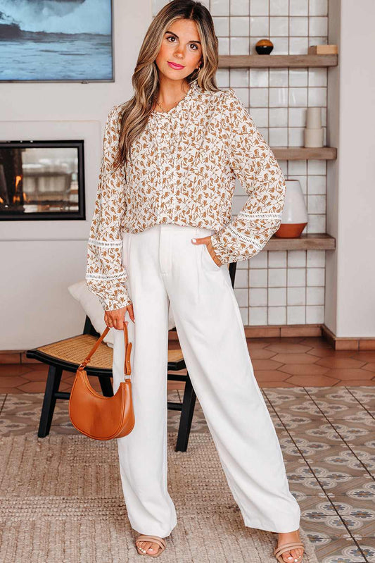 Melanie Lace Floral Puff Sleeve Top - Khaki Printed / M - 8/10
