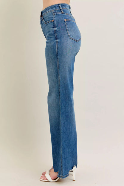 Judy Blue Full Size High Waist Tummy Control Chew Hem Destroy Wide Jeans Plus Size