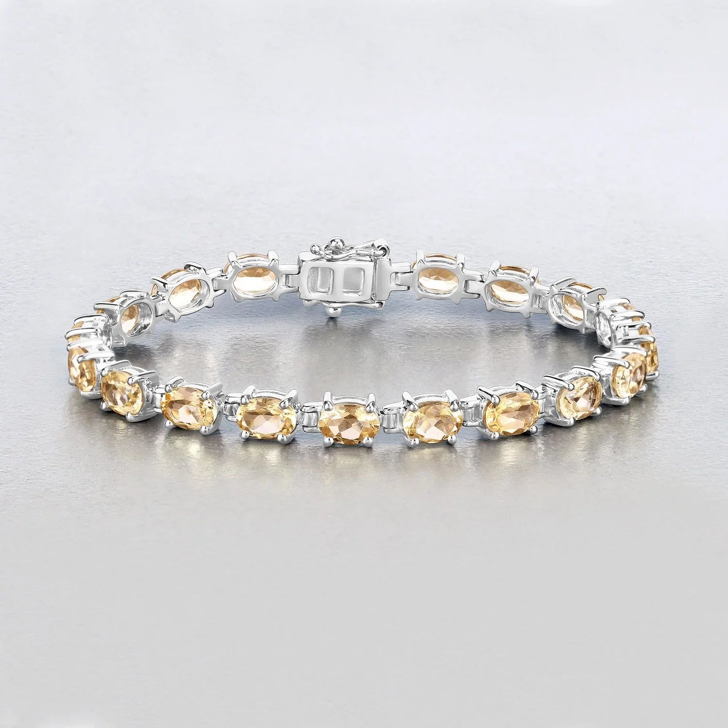 14.40 Ct Oval Light Yellow Citrine Prong Sterling Silver Inline Tennis Bracelet