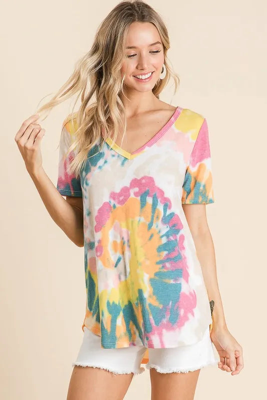 BiBi Circular Tie Dye Print V Neck Top