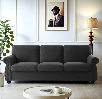 Soft Sofa, Upholstered 3 Seater Couch With High Density Foam, Loose Back Cushions and Turned Legs