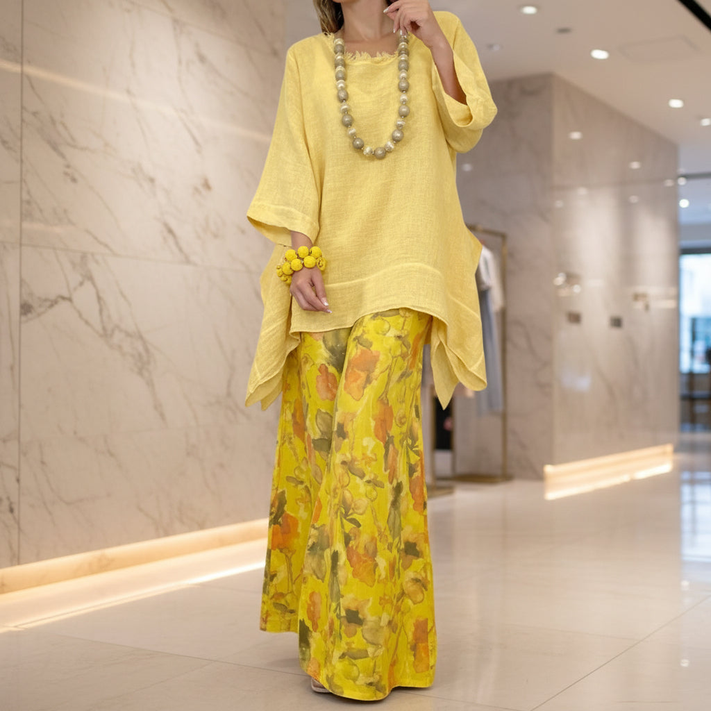 Women's Solid Linen-Style Tunic Top & Watercolor Floral Wide-Leg Pants Set