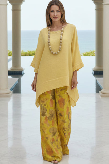 Women's Solid Linen-Style Tunic Top & Watercolor Floral Wide-Leg Pants Set