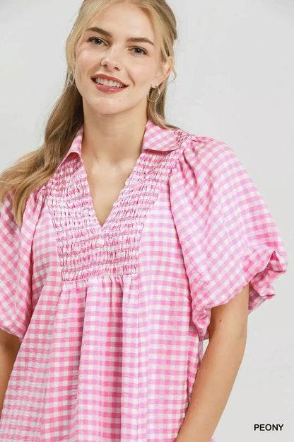 Umgee Smocked Yoke Puff Sleeve Gingham Blouse in Peony