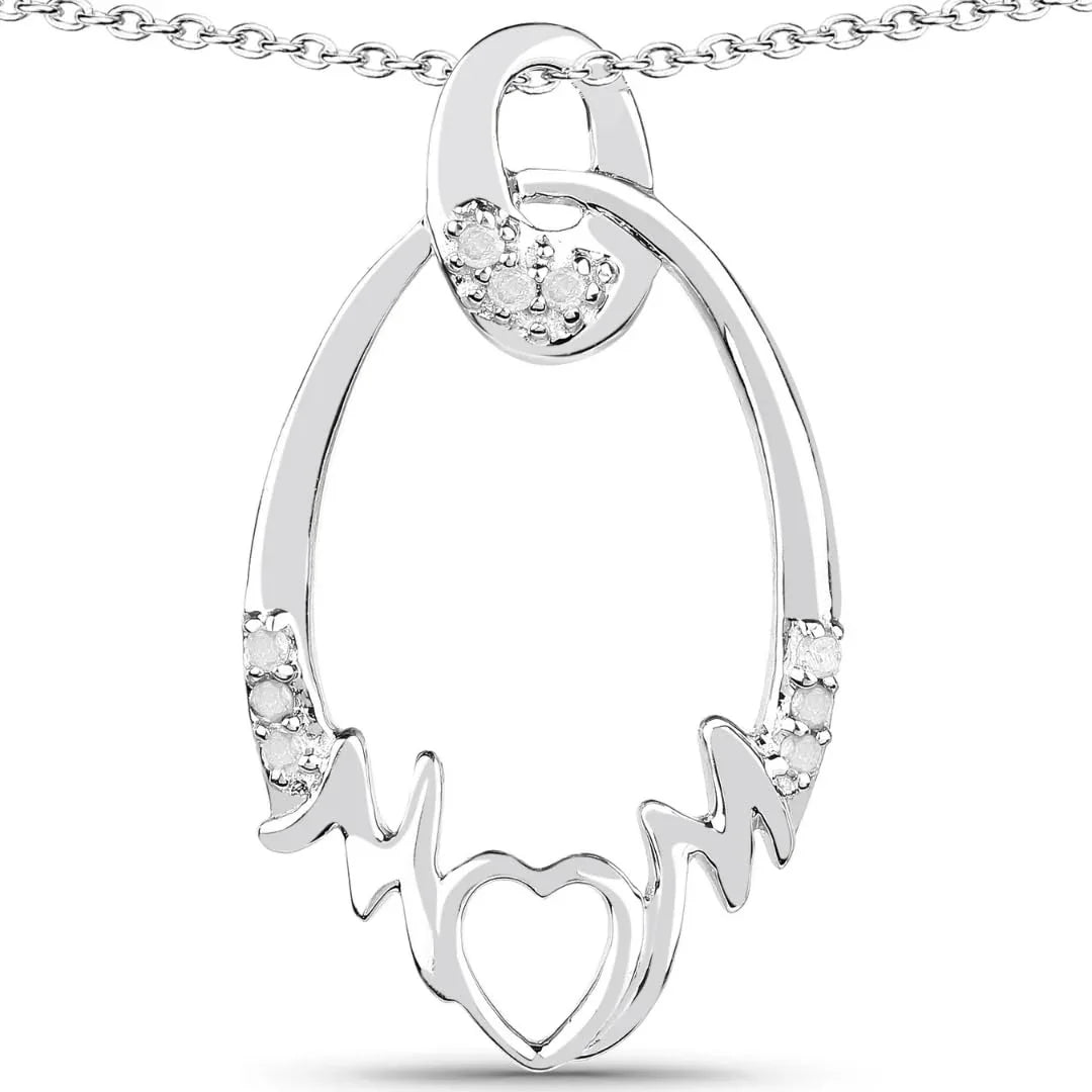 Round White Diamond Prong Silver Heart Pendant Necklace