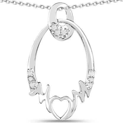 Round White Diamond Prong Silver Heart Pendant Necklace