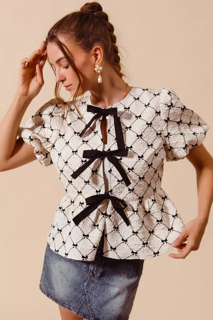 SO ME Bow Texture Woven Peplum Top With Contrast Tie