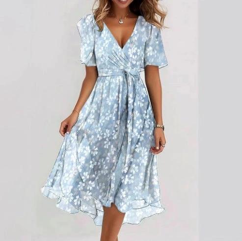 Chiffon Printed Short Sleeve Dress Summer Elegant V-neck Dresses Womens Clothing Aqua blue / XL