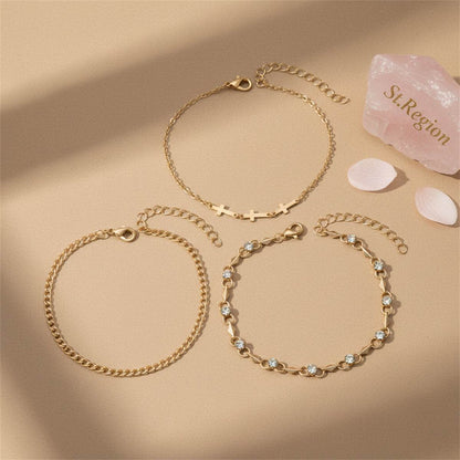 Cubic Zirconia & Goldtone Three Cross Charm Chain Anklet Set