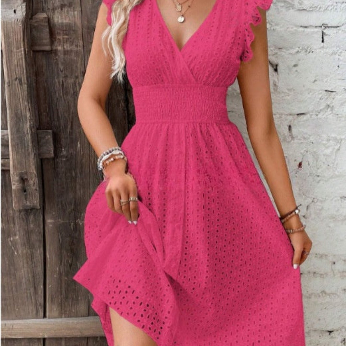 Waisted V-Neck Lace Midi Dress