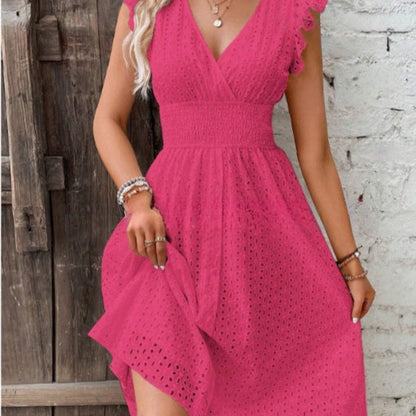 Waisted V-Neck Lace Midi Dress