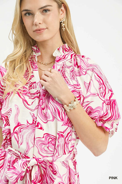 Umgee Abstract Print Smocked Tie Waist Midi Dress