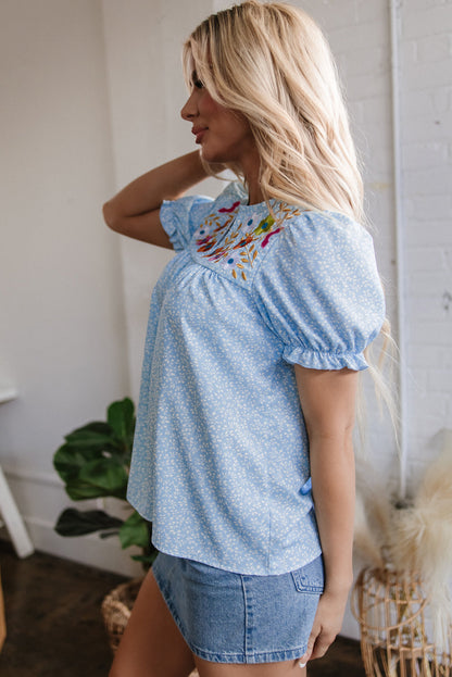 Threaded Pear Kenzie Floral Embroidered Puff Sleeve Blouse