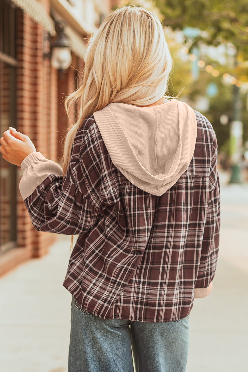 Threaded Pear Lauren Plaid Patchwork Long Sleeve Hooded Top