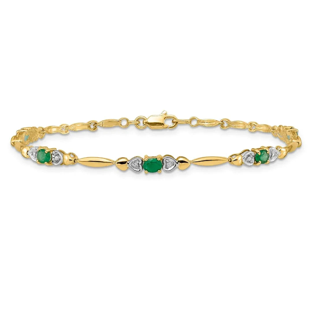 Diamond and Oval Emerald Heart 7 inch Bracelet Gold