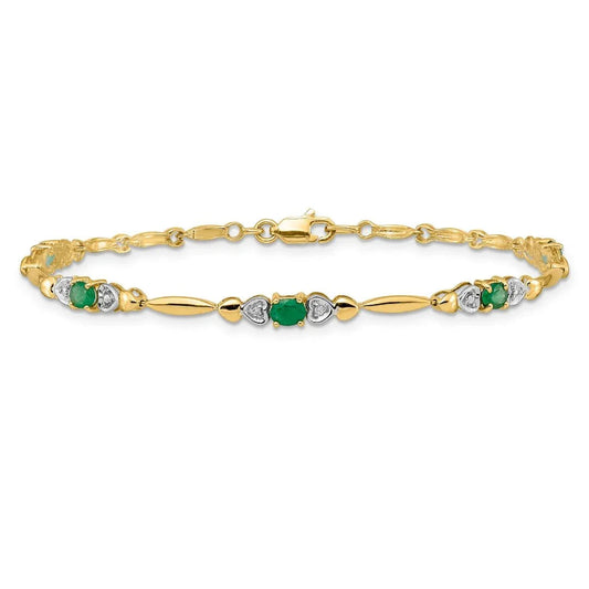 Diamond and Oval Emerald Heart 7 inch Bracelet Gold