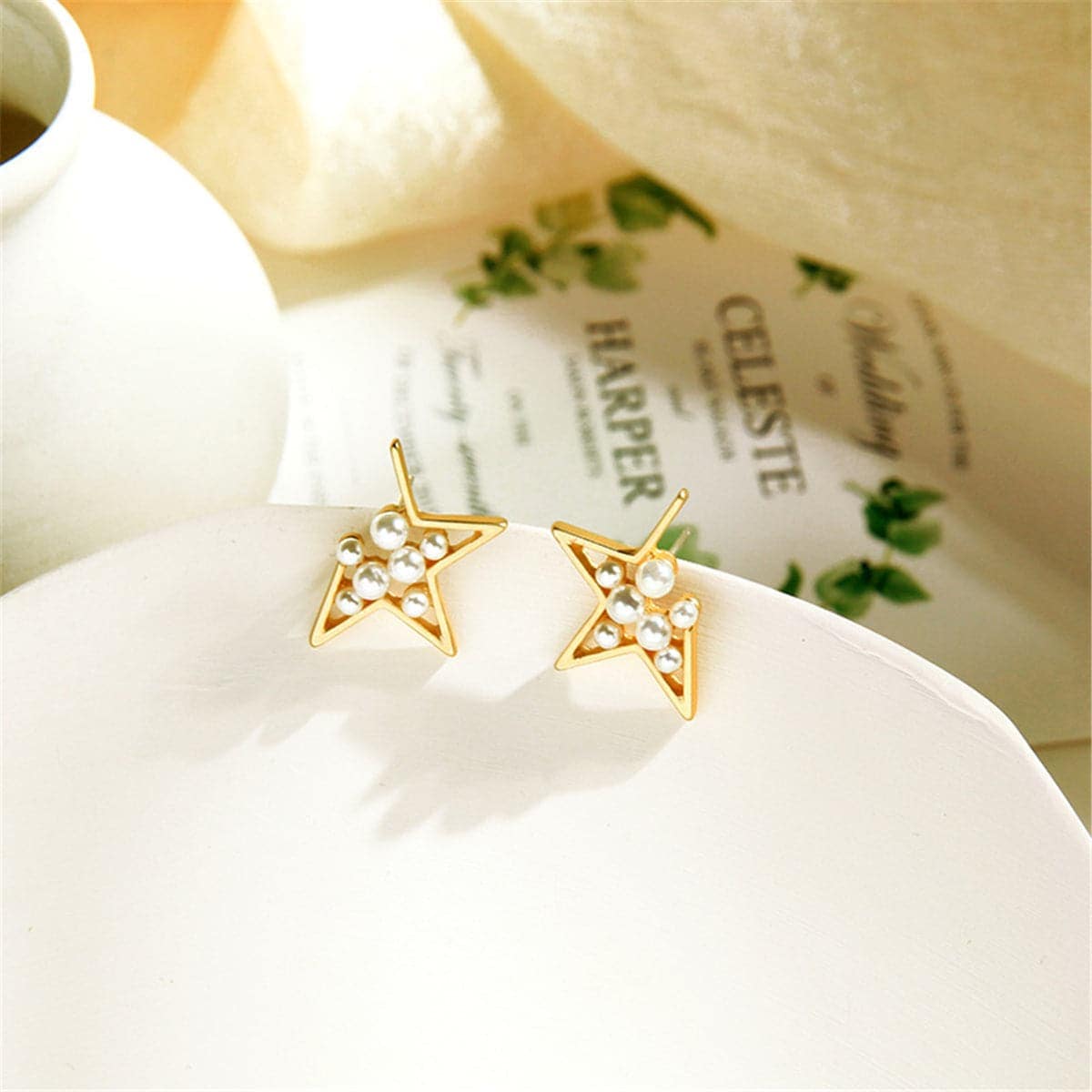 Pearl & Goldtone Star Filigree Stud Earrings