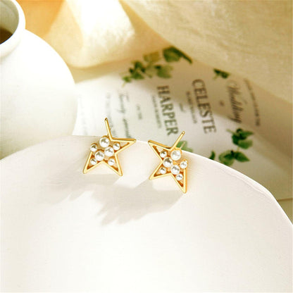 Pearl & Goldtone Star Filigree Stud Earrings