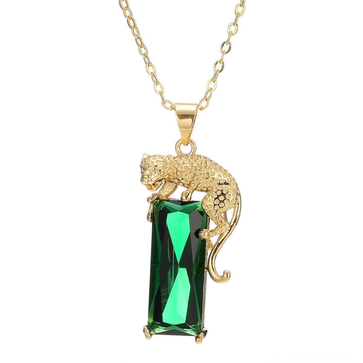 Green Crystal & Goldtone Leopard Pendant Necklace