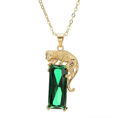 Green Crystal & Goldtone Leopard Pendant Necklace
