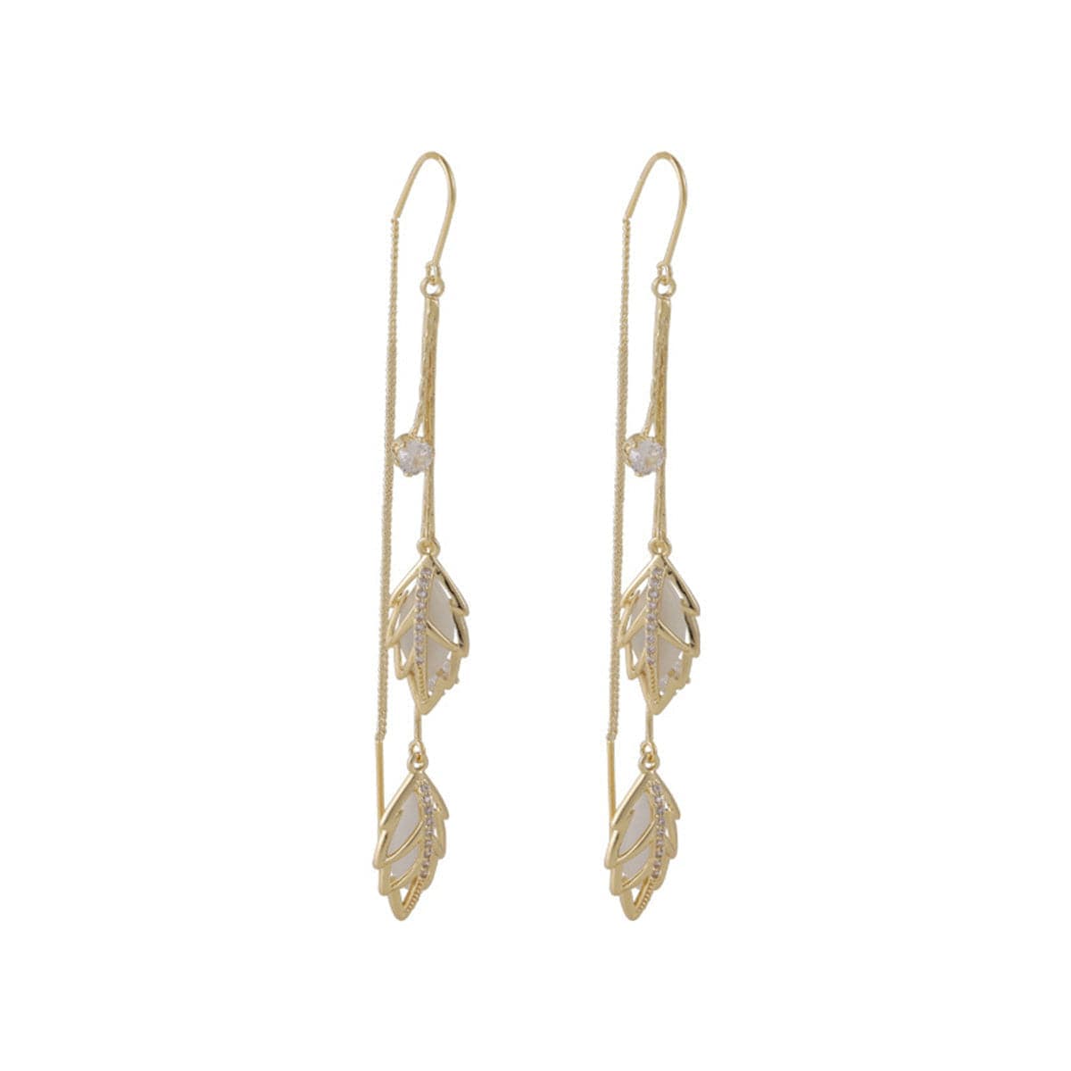 Cats Eye & Goldtone Double Leaf Ear Threader Earrings