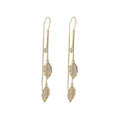 Cats Eye & Goldtone Double Leaf Ear Threader Earrings
