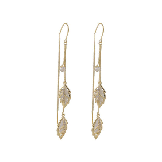 Cats Eye & Goldtone Double Leaf Ear Threader Earrings