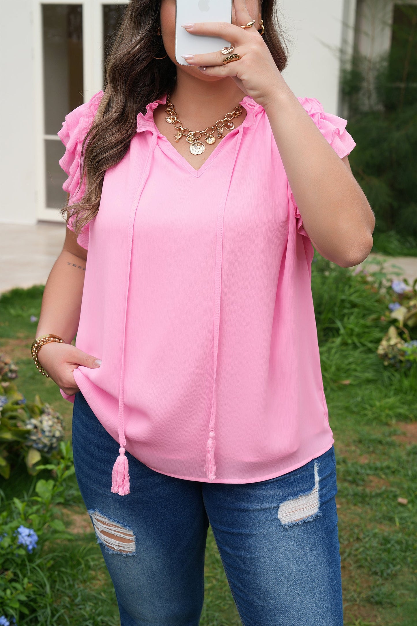 Threaded Pear Milena Ruffle Short Sleeve Plus Blouse