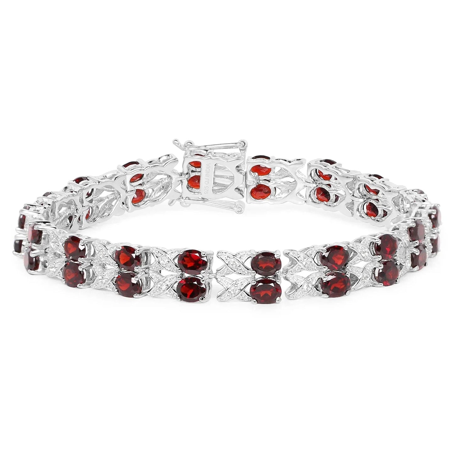 18.36 Ct Oval Deep Red Garnet Prong Silver Double Row X-Link Tennis Bracelet