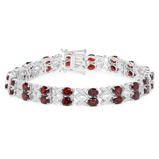 18.36 Ct Oval Deep Red Garnet Prong Silver Double Row X-Link Tennis Bracelet