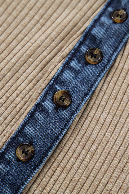 Beige Ribbed Knit Denim Patchwork Button Polo Collar Cuffed Long Sleeve Top