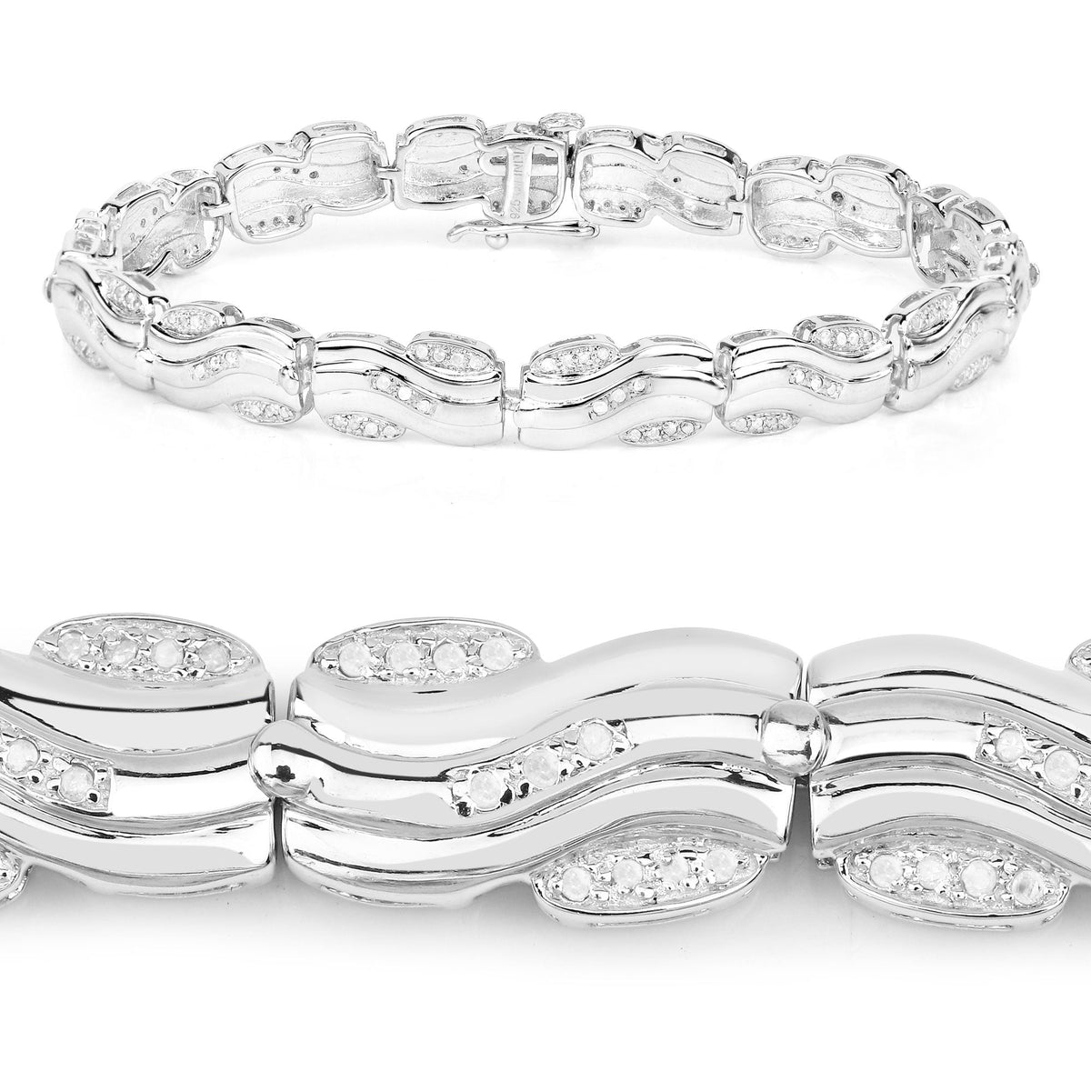 0.84 Cttw Round Diamond 14K White Gold Plated Silver Wave Link Bracelet