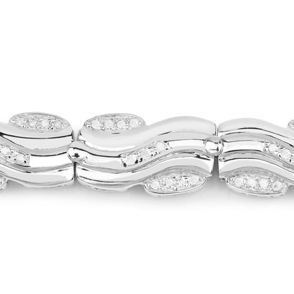 0.84 Cttw Round Diamond 14K White Gold Plated Silver Wave Link Bracelet