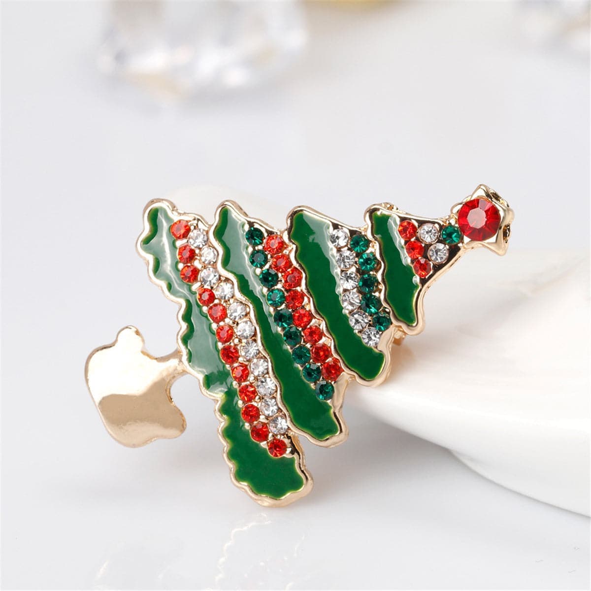 Cubic Zirconia & Goldtone Christmas Tree Brooch
