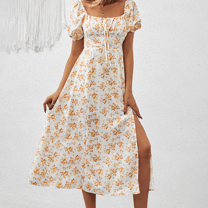 Square Neck Floral Print Dress With Puff Sleeves & Side Slit Maxi Dress