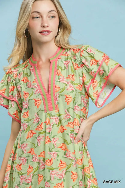 Umgee Floral Flutter Sleeve Tiered Dress