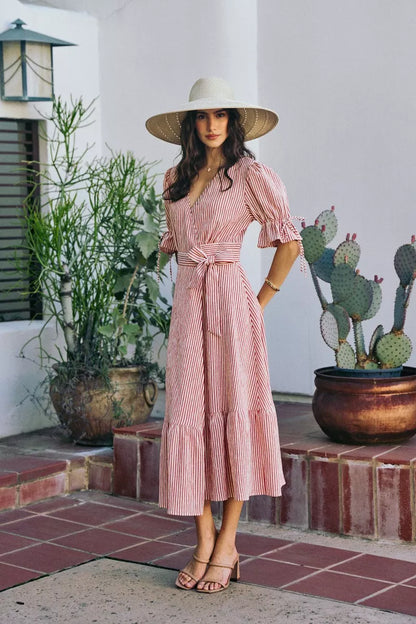 SO ME Stripe Textured Short Sleeves Lined Wrap Midi Dress