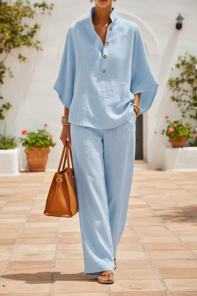 Women's Linen-Look Stand Collar Batwing Top & Wide-Leg Pants Set